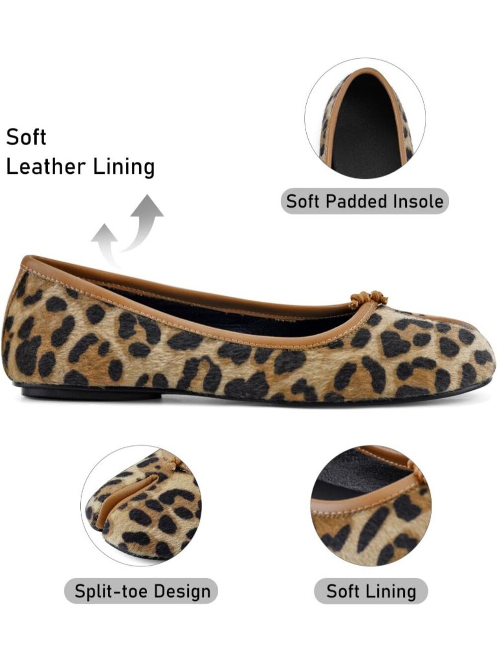 Women's Leapord Brown Round Toe Wide Width Low Heel Comfortable Ballet Flat - Picture 2 of 5